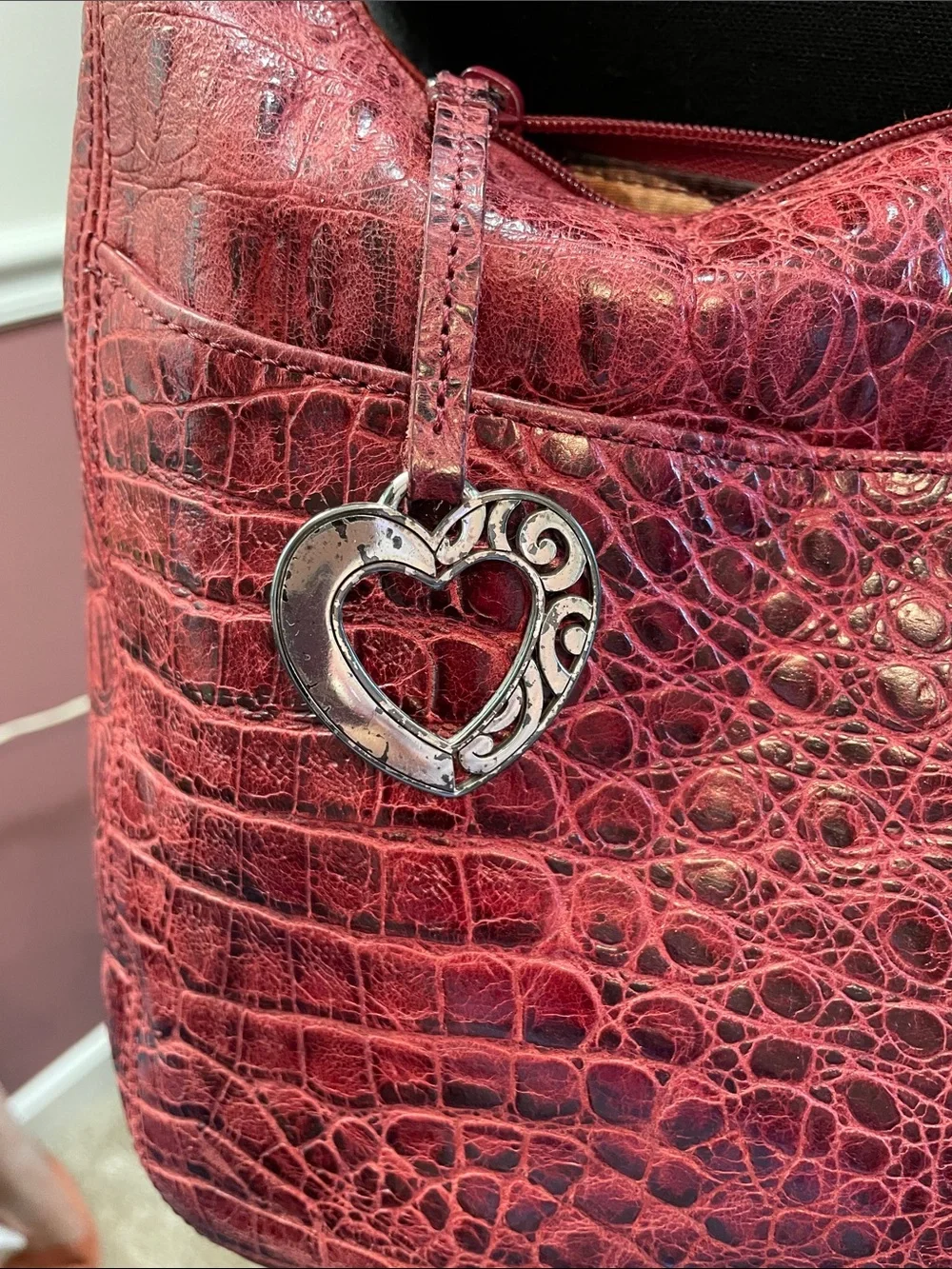 Red Textured Brighton Shoulder Bag with Heart Charms
